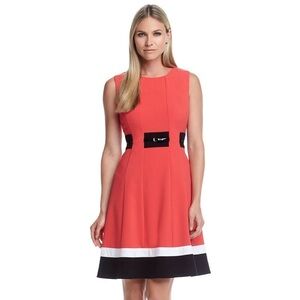 Calvin Klein Fit & Flare Color Block Belted Dress